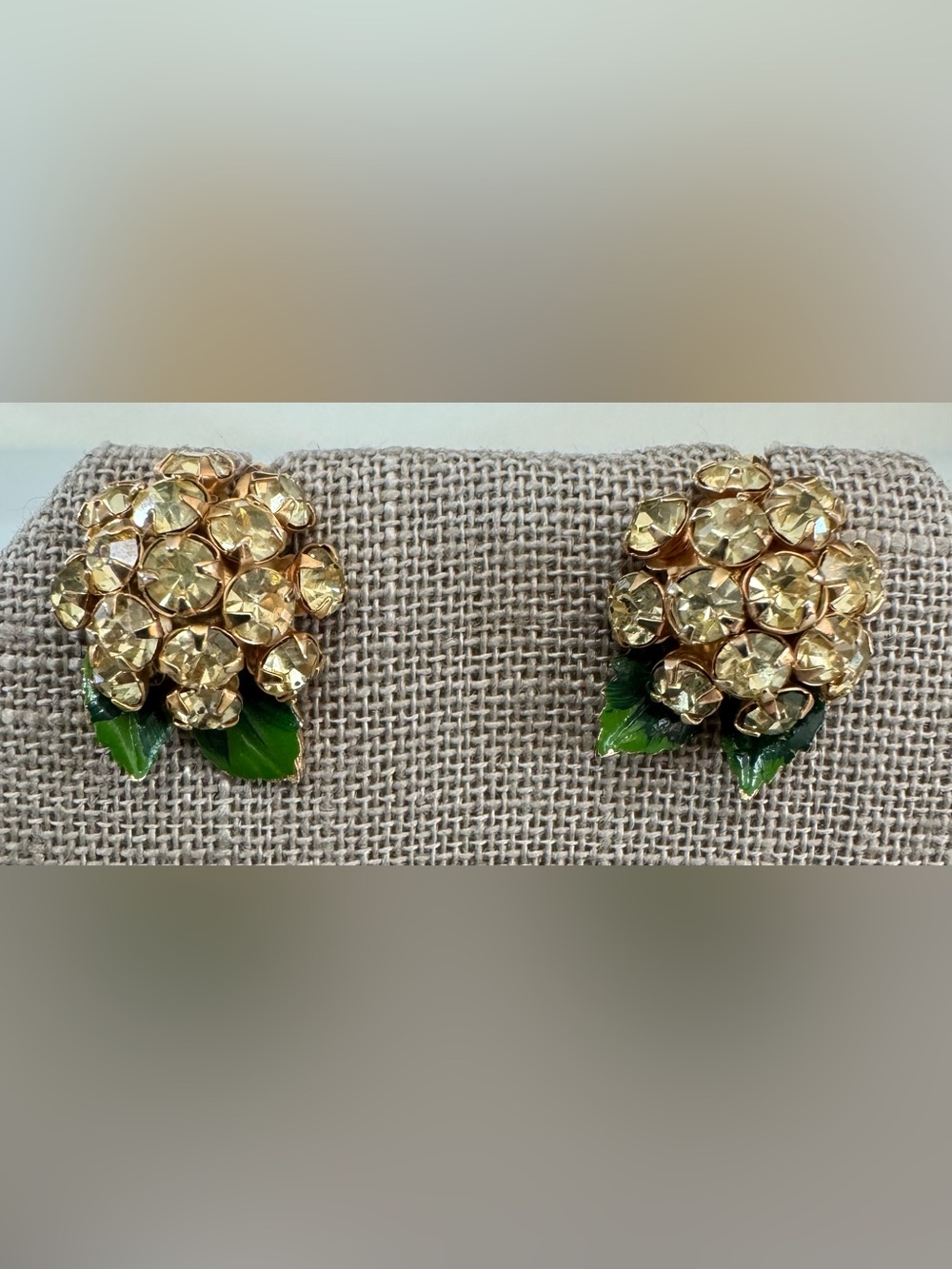 Vintage Rhinestone Clip-On Earrings with green enamel